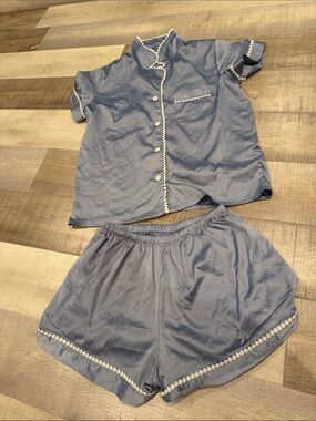 Blue slate Satin Short-Sleeve Pajama Set with Contrast Trim